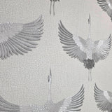 34580 Light ash gray silver metallic Faux fabric Textured Asian Cranes birds Wallpaper