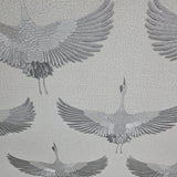 34580 Light ash gray silver metallic Faux fabric Textured Asian Cranes birds Wallpaper