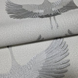 34580 Light ash gray silver metallic Faux fabric Textured Asian Cranes birds Wallpaper