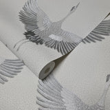 34580 Light ash gray silver metallic Faux fabric Textured Asian Cranes birds Wallpaper