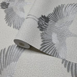 34580 Light ash gray silver metallic Faux fabric Textured Asian Cranes birds Wallpaper