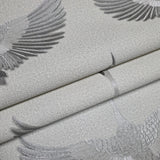 34580 Light ash gray silver metallic Faux fabric Textured Asian Cranes birds Wallpaper