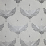 34580 Light ash gray silver metallic Faux fabric Textured Asian Cranes birds Wallpaper