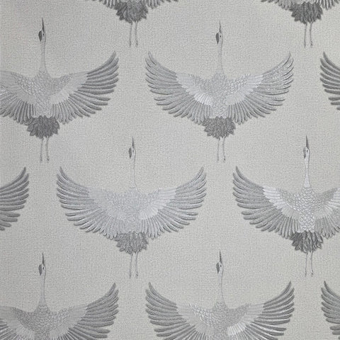 34580 Light ash gray silver metallic Faux fabric Textured Asian Cranes birds Wallpaper