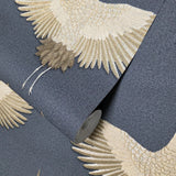 34582 Charcoal gray gold metallic Faux fabric Textured Asian Cranes birds Wallpaper 3D