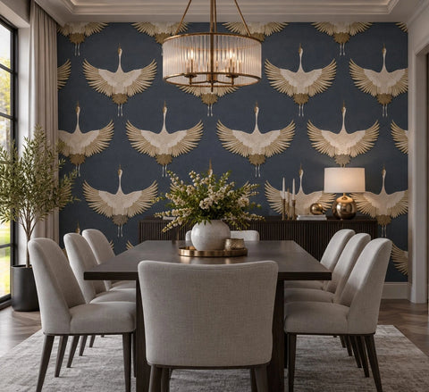 34582 Charcoal gray gold metallic Faux fabric Textured Asian Cranes birds Wallpaper 3D