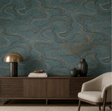 34588 Teal blue bronze metallic wavy lines Faux fabric wave Textured modern Wallpaper
