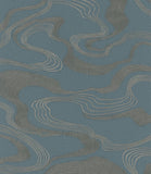 34588 Teal blue bronze metallic wavy lines Faux fabric wave Textured modern Wallpaper
