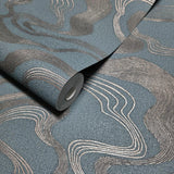 34588 Teal blue bronze metallic wavy lines Faux fabric wave Textured modern Wallpaper

