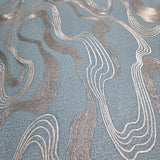 34588 Teal blue bronze metallic wavy lines Faux fabric wave Textured modern Wallpaper
