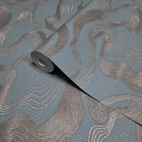 34588 Teal blue bronze metallic wavy lines Faux fabric wave Textured modern Wallpaper
