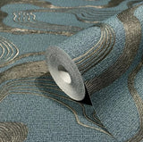 34588 Teal blue bronze metallic wavy lines Faux fabric wave Textured modern Wallpaper
