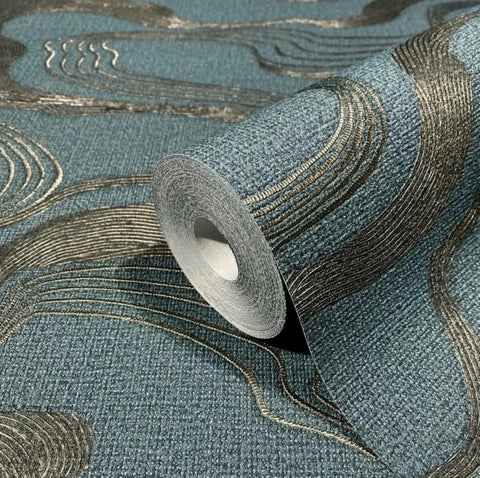 34588 Teal blue bronze metallic wavy lines Faux fabric wave Textured modern Wallpaper
