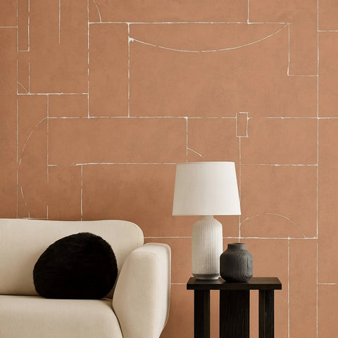 34605 Matte Orange terracotta brass geometric lines Textured faux plaster wallpaper 3D