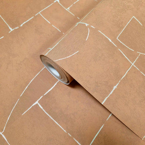 34605 Matte Orange terracotta brass geometric lines Textured faux plaster wallpaper 3D