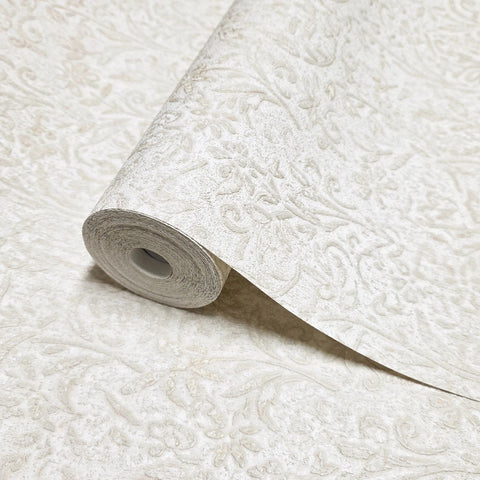 35531 Ornamental vines leaves beige ivory off white faux plaster textured wallpaper 3D