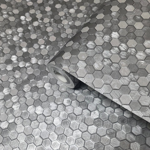 35814 Little Hexagon tile pattern silver gray metallic foil textured wallpaper modern
