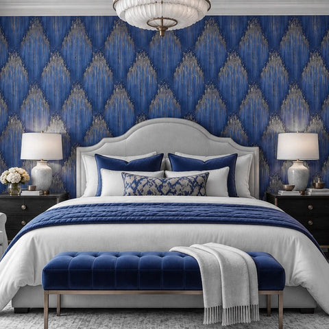 35886 Crystal diamonds strass embossed streaks royal blue gold textured wallpaper roll