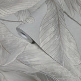 36464 Tropical botanic plant leaves gray beige cream faux fabric textured wallpaper 3D
