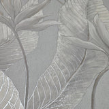 36464 Tropical botanic plant leaves gray beige cream faux fabric textured wallpaper 3D
