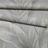 36464 Tropical botanic plant leaves gray beige cream faux fabric textured wallpaper 3D
