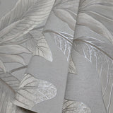 36464 Tropical botanic plant leaves gray beige cream faux fabric textured wallpaper 3D
