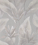 36464 Tropical botanic plant leaves gray beige cream faux fabric textured wallpaper 3D
