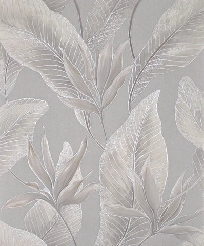 36464 Tropical botanic plant leaves gray beige cream faux fabric textured wallpaper 3D
