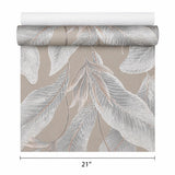 36465 Tropical botanic plant leaves gray tan taupe faux fabric textured wallpaper roll