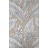 36465 Tropical botanic plant leaves gray tan taupe faux fabric textured wallpaper roll