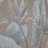 36465 Tropical botanic plant leaves gray tan taupe faux fabric textured wallpaper roll