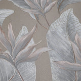 36465 Tropical botanic plant leaves gray tan taupe faux fabric textured wallpaper roll
