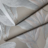 36465 Tropical botanic plant leaves gray tan taupe faux fabric textured wallpaper roll