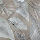 36465 Tropical botanic plant leaves gray tan taupe faux fabric textured wallpaper roll