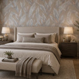 36465 Tropical botanic plant leaves gray tan taupe faux fabric textured wallpaper roll