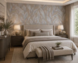 36465 Tropical botanic plant leaves gray tan taupe faux fabric textured wallpaper roll
