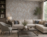 36465 Tropical botanic plant leaves gray tan taupe faux fabric textured wallpaper roll
