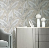 36465 Tropical botanic plant leaves gray tan taupe faux fabric textured wallpaper roll