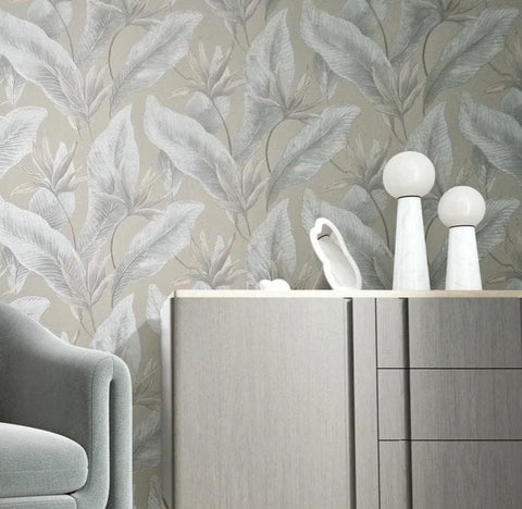 36465 Tropical botanic plant leaves gray tan taupe faux fabric textured wallpaper roll