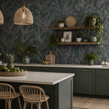 36466 Tropical botanic plants leaves dark green purple faux fabric textured wallpaper