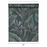 36466 Tropical botanic plants leaves dark green purple faux fabric textured wallpaper