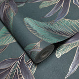36466 Tropical botanic plants leaves dark green purple faux fabric textured wallpaper