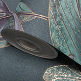 36466 Tropical botanic plants leaves dark green purple faux fabric textured wallpaper