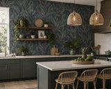 36466 Tropical botanic plants leaves dark green purple faux fabric textured wallpaper