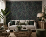 36466 Tropical botanic plants leaves dark green purple faux fabric textured wallpaper