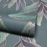 36466 Tropical botanic plants leaves dark green purple faux fabric textured wallpaper