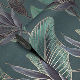 36466 Tropical botanic plants leaves dark green purple faux fabric textured wallpaper