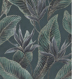36466 Tropical botanic plants leaves dark green purple faux fabric textured wallpaper