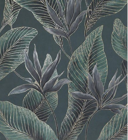 36466 Tropical botanic plants leaves dark green purple faux fabric textured wallpaper