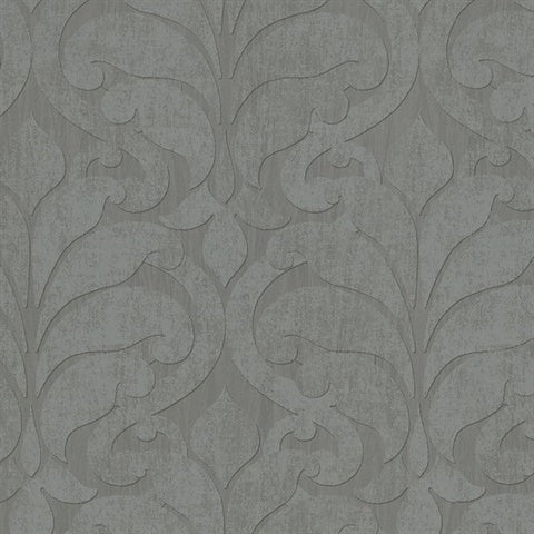 376001 Vallon Grey Damask Wallpaper